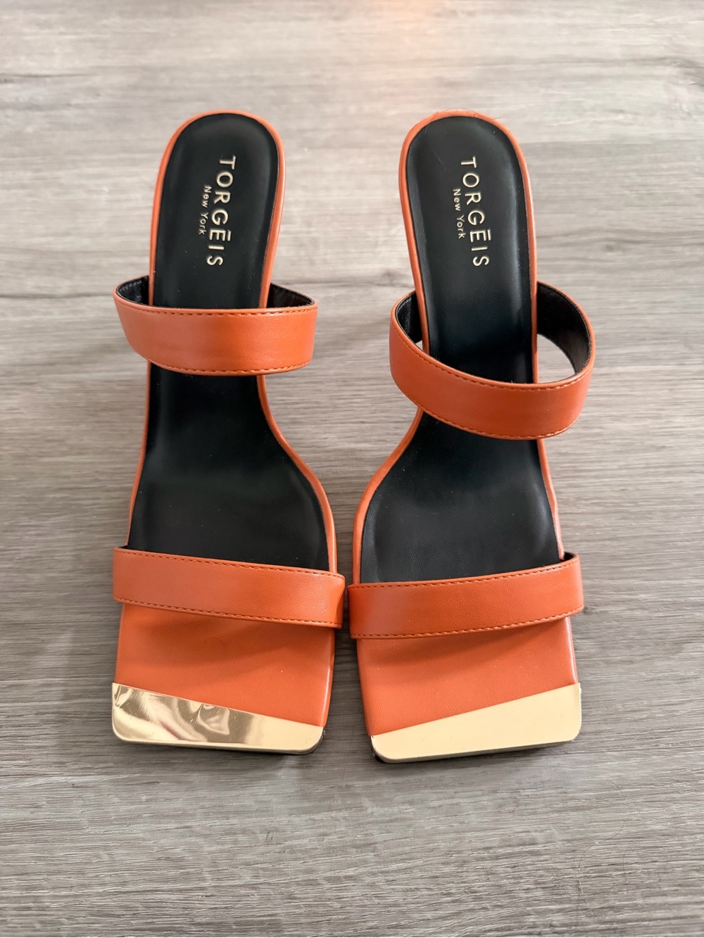 Torgeis Women's Orange Double-Strap Square Toe Slide Heels with Gold Toe